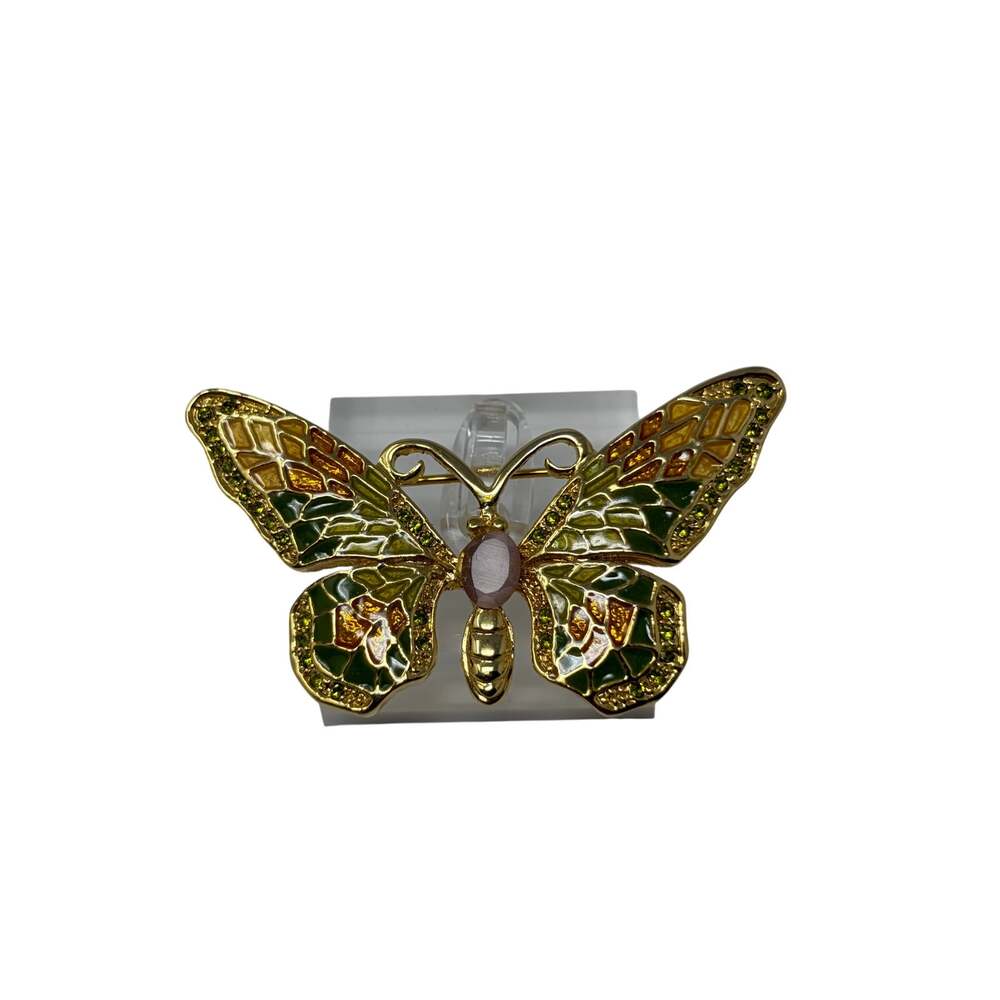 Butterfly Brooch Pin Gold Tone Green Amber Enamel Rhinestone Lavender Stone